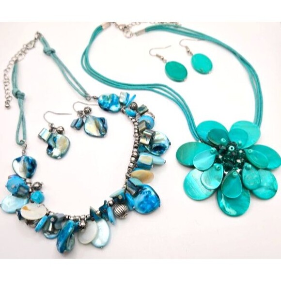 Two Summery Blue Jewelry Sets Mother of Pearl Shell Necklaces and Earrings - Picture 1 of 6